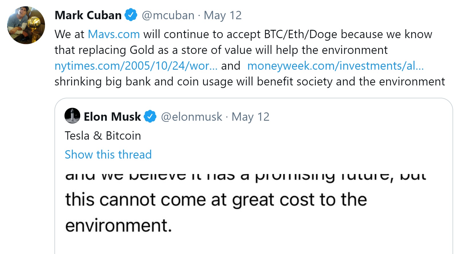 Mark Cuban to Elon Musk: Accepting Bitcoin Will Actually Benefit the Environment